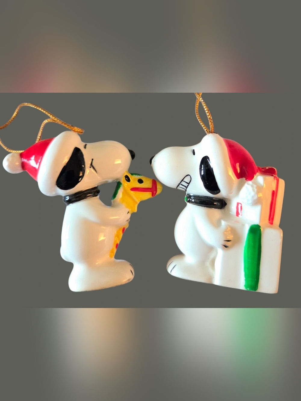 Vintage Snoopy Peanuts Santa Hat Ceramic Christmas Ornament Pair 1966 UFS Japan
